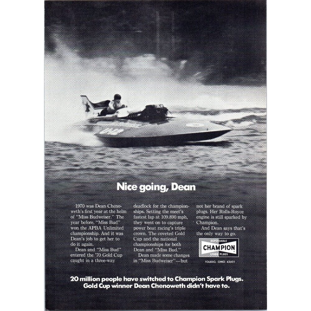 1971 Champion Spark Plugs Hydroplane ABPA Racing Boat Vintage Print Ad Wall Art